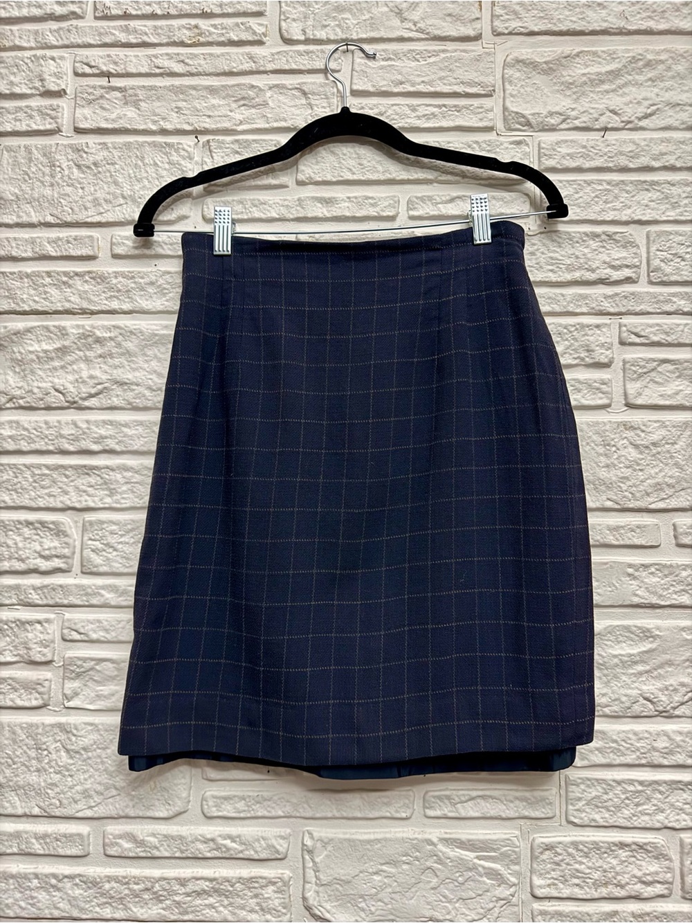 Vintage Jones New York Worsted Wool Plaid Skirt Navy Windowpane Petite 26"